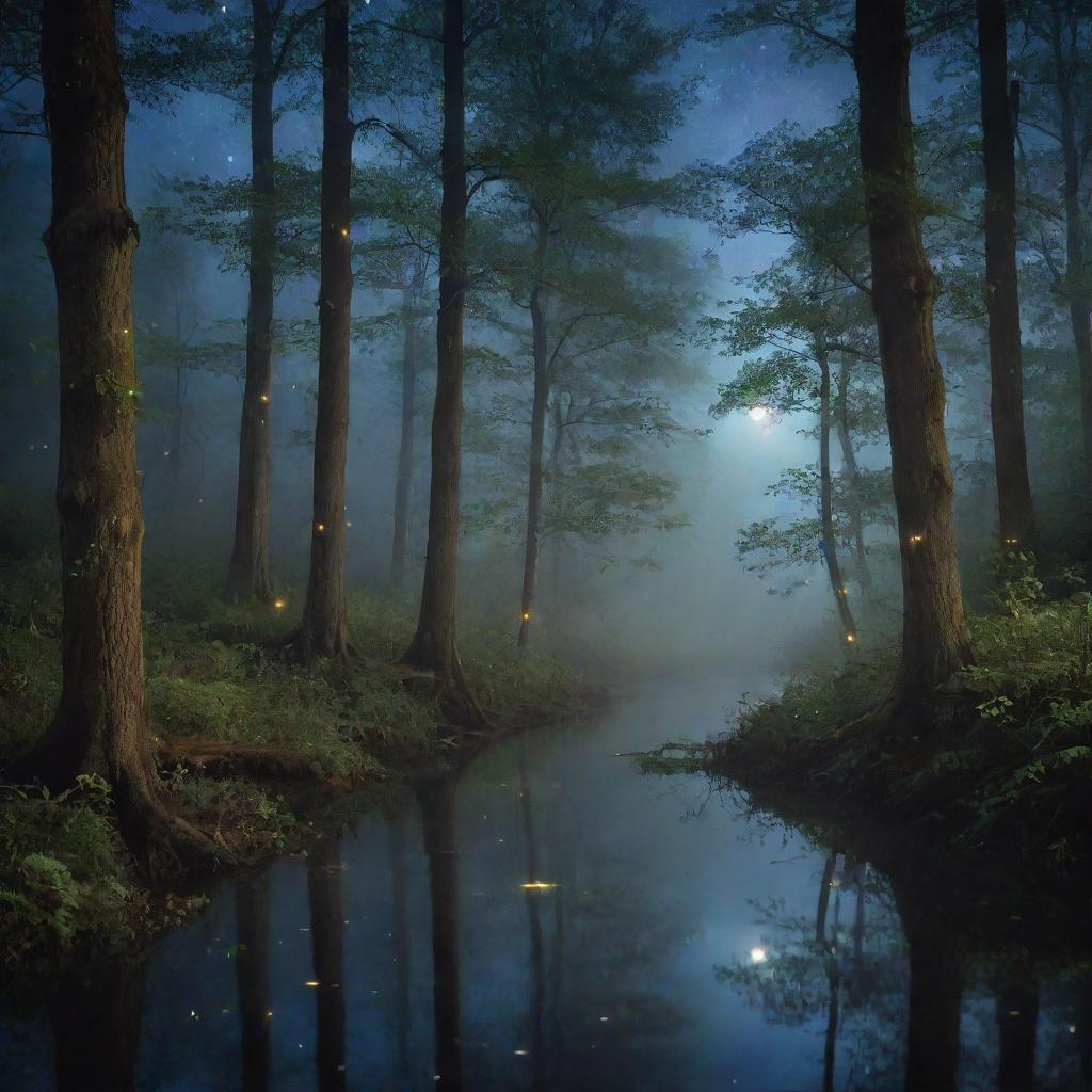 A mystical, enchanted forest under a crescent moon, with iridescent fireflies floating around and a foggy river flowing silently through it. The trees' bark glows faintly.