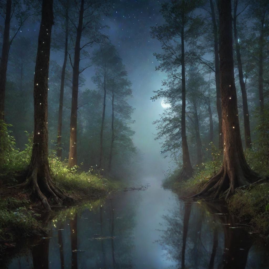 A mystical, enchanted forest under a crescent moon, with iridescent fireflies floating around and a foggy river flowing silently through it. The trees' bark glows faintly.