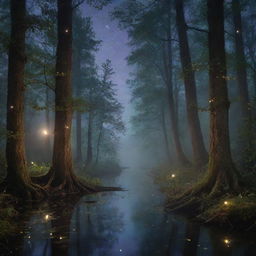 A mystical, enchanted forest under a crescent moon, with iridescent fireflies floating around and a foggy river flowing silently through it. The trees' bark glows faintly.