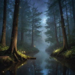 A mystical, enchanted forest under a crescent moon, with iridescent fireflies floating around and a foggy river flowing silently through it. The trees' bark glows faintly.