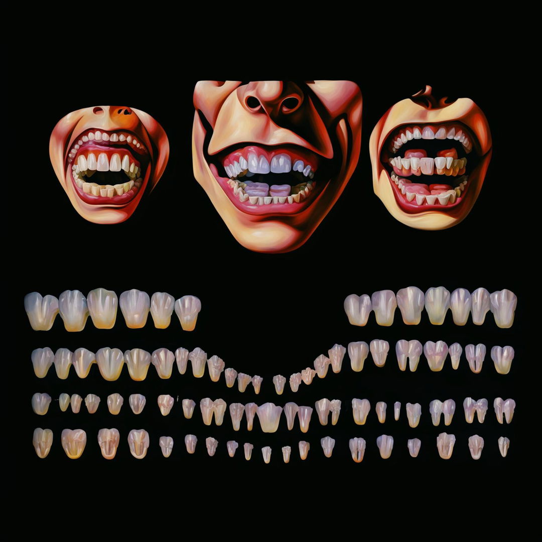 A surreal digital art piece filled with an array of teeth from different species arranged in a gradient pattern against a black background.