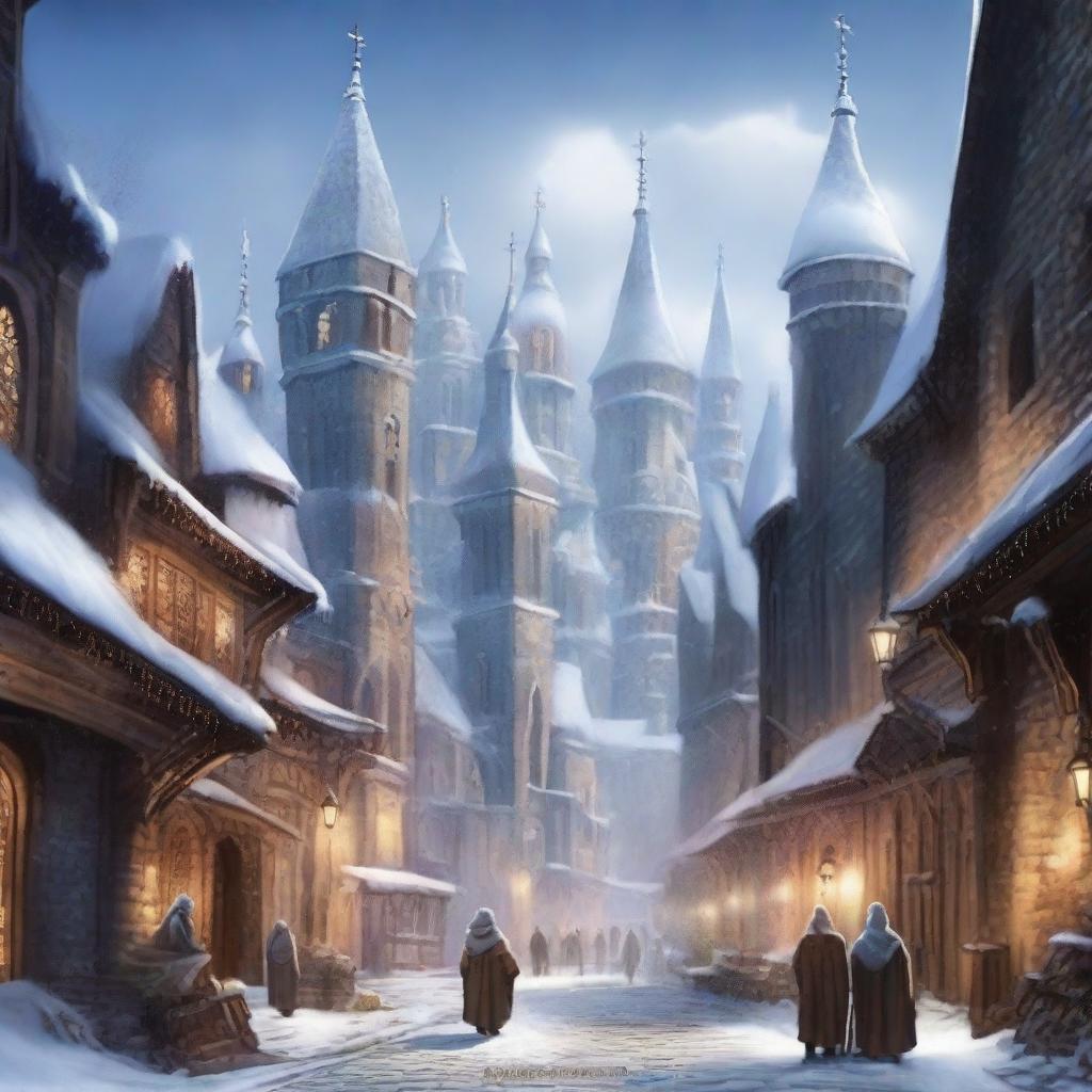 Depict a high fantasy world showcasing an old city blanketed in snow