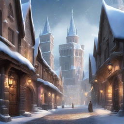 Depict a high fantasy world showcasing an old city blanketed in snow