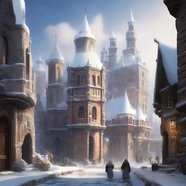 Depict a high fantasy world showcasing an old city blanketed in snow