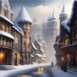 Depict a high fantasy world showcasing an old city blanketed in snow