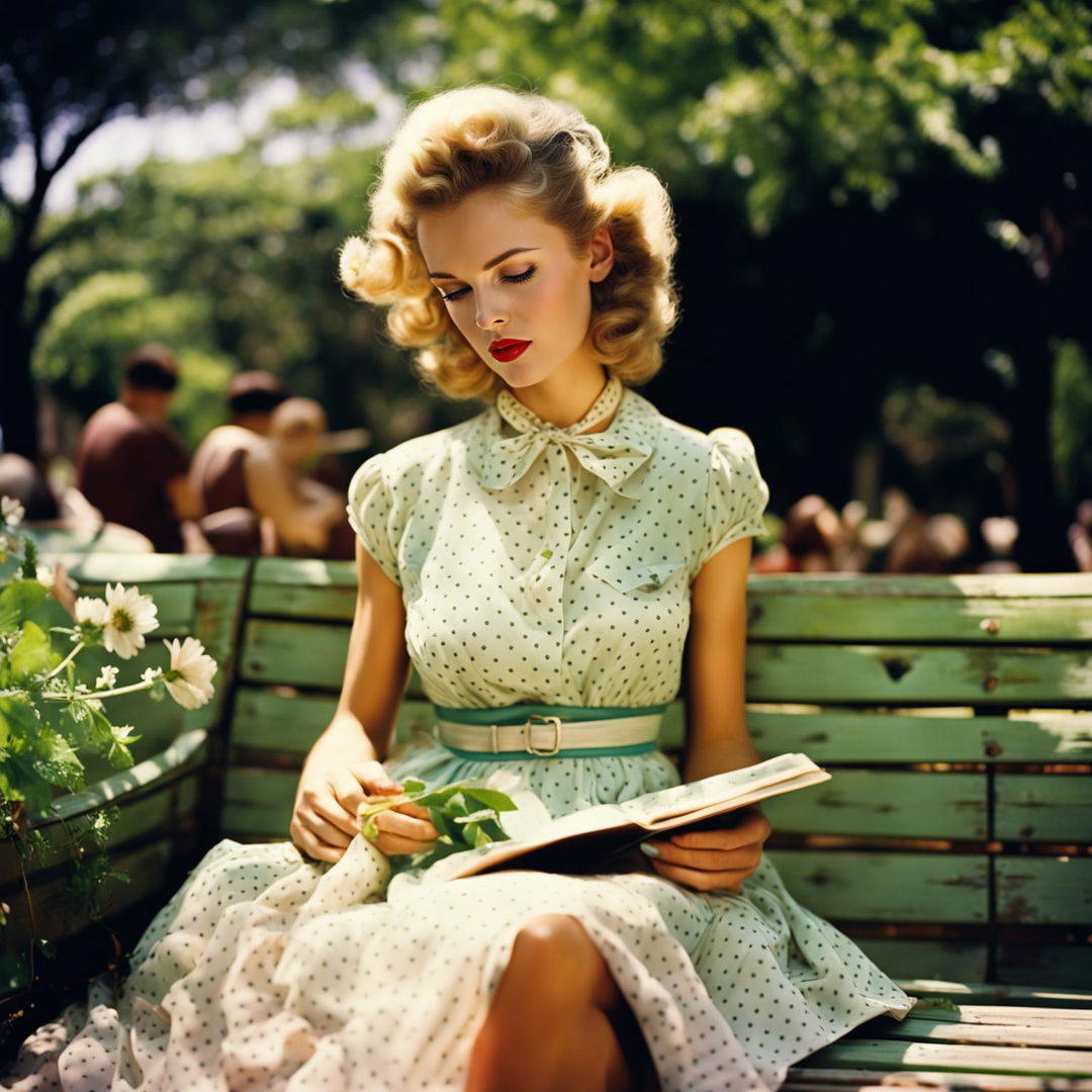 A blonde young woman in 1950s attire sits on a park bench in a lush green park, bathed in sunlight and lost in thought.