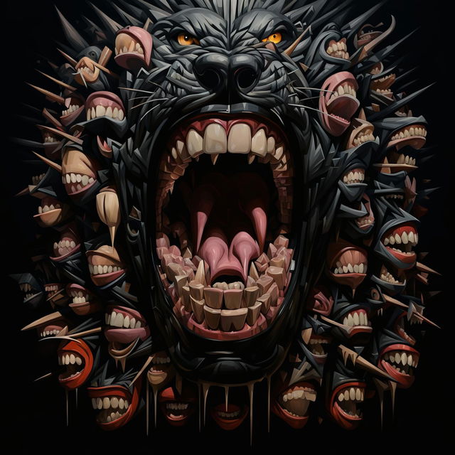 A surreal digital art piece filled with an array of teeth from different species against a deep black background.