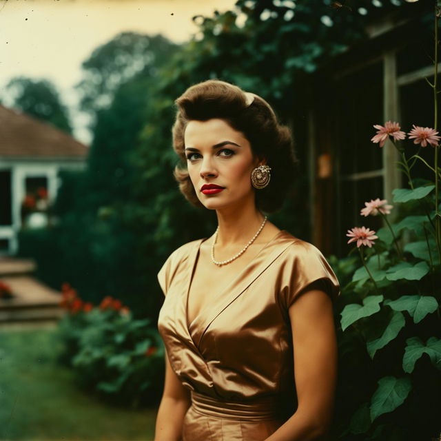 cinematic portrait photo of a 1950s house wife at a gala in a garden, aged photograph