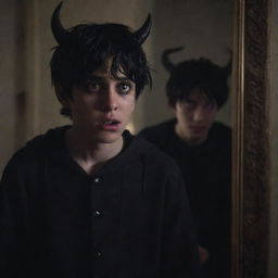 A hyper-realistic image of a distraught teenage boy with black hair, clothed in black attire, weeping next to a mirror in a dim room. An eerie, horned creature with menacing purple-glowing eyes looms menacingly in the background.