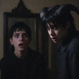 A hyper-realistic image of a distraught teenage boy with black hair, clothed in black attire, weeping next to a mirror in a dim room. An eerie, horned creature with menacing purple-glowing eyes looms menacingly in the background.