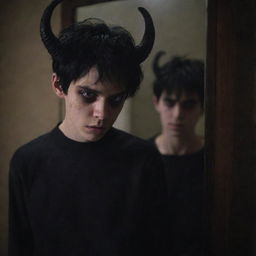 A hyper-realistic image of a distraught teenage boy with black hair, clothed in black attire, weeping next to a mirror in a dim room. An eerie, horned creature with menacing purple-glowing eyes looms menacingly in the background.