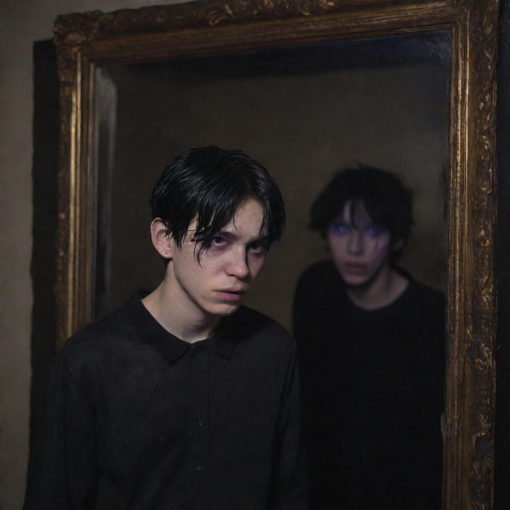 A hyper-realistic image of a distraught teenage boy with black hair, clothed in black attire, weeping next to a mirror in a dim room. An eerie, horned creature with menacing purple-glowing eyes looms menacingly in the background.