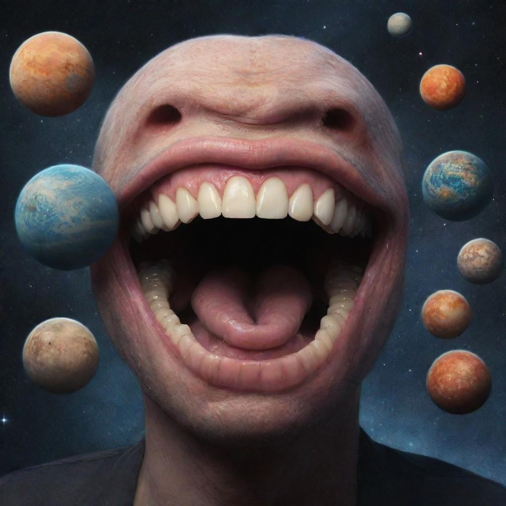 Surrealistic universe filled with planets covered in teeth replacing stars and cosmic bodies.