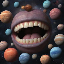 Surrealistic universe filled with planets covered in teeth replacing stars and cosmic bodies.