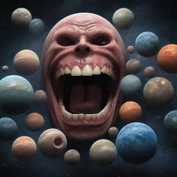 Surrealistic universe filled with planets covered in teeth replacing stars and cosmic bodies.