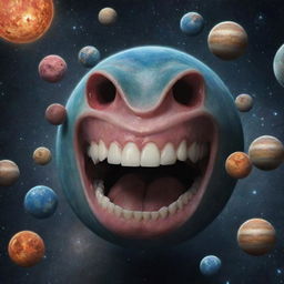 Surrealistic universe filled with planets covered in teeth replacing stars and cosmic bodies.