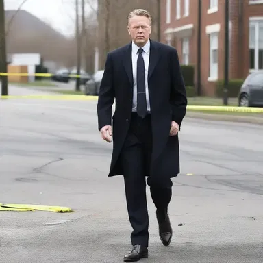 The well-dressed tec wore a stylish suit and polished shoes while investigating the crime scene.