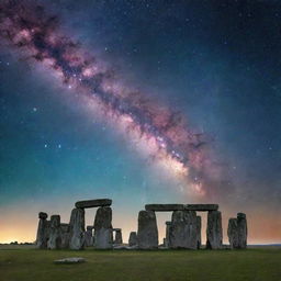 A cosmic nebula cloud taking the form of Stonehenge, with stars sparkling around, set in deep space.