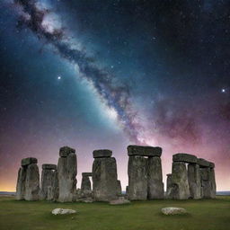 A cosmic nebula cloud taking the form of Stonehenge, with stars sparkling around, set in deep space.