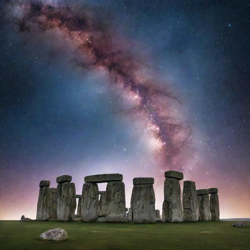 A cosmic nebula cloud taking the form of Stonehenge, with stars sparkling around, set in deep space.