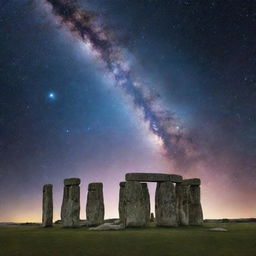 A cosmic nebula cloud taking the form of Stonehenge, with stars sparkling around, set in deep space.