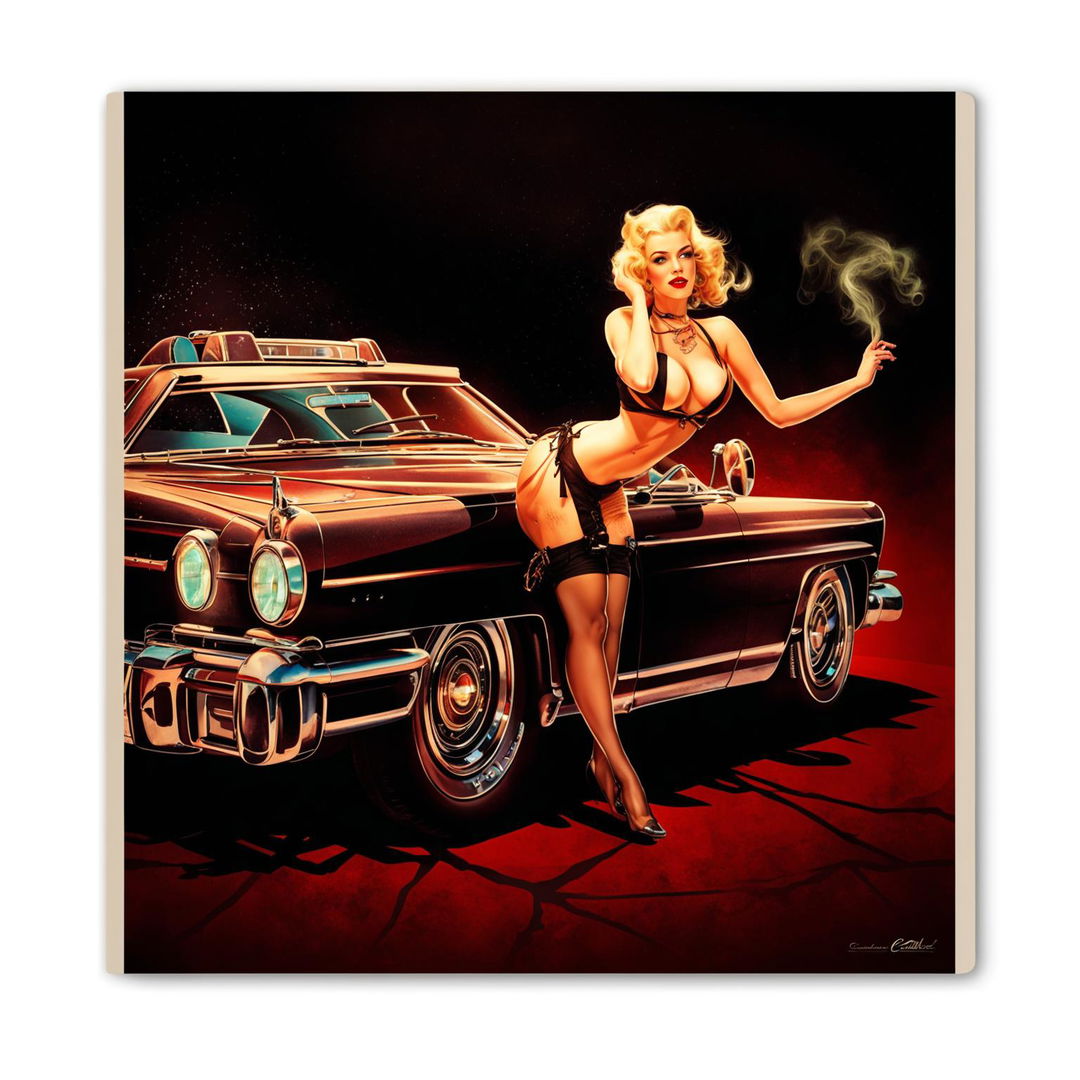 cyberpunk twist to a retro style pin-up girl poster with vintage cadillac