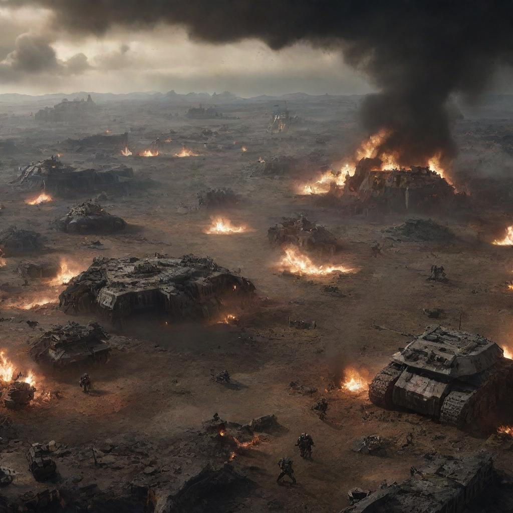 An expansive war-torn battlefield from Warhammer 40k with smoldering ruins, scattered debris, distant explosions creating an ominous glow. Include damaged war machines and fallen soldiers from various factions strewn across the landscape.