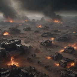 An expansive war-torn battlefield from Warhammer 40k with smoldering ruins, scattered debris, distant explosions creating an ominous glow. Include damaged war machines and fallen soldiers from various factions strewn across the landscape.