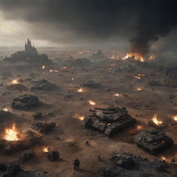 An expansive war-torn battlefield from Warhammer 40k with smoldering ruins, scattered debris, distant explosions creating an ominous glow. Include damaged war machines and fallen soldiers from various factions strewn across the landscape.