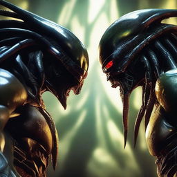 A high-resolution 4K digital art image showcasing an intense face-off between the iconic Alien and Predator characters