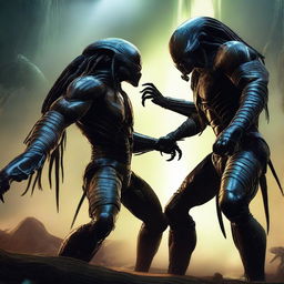 A high-resolution 4K digital art image showcasing an intense face-off between the iconic Alien and Predator characters