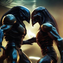 A high-resolution 4K digital art image showcasing an intense face-off between the iconic Alien and Predator characters