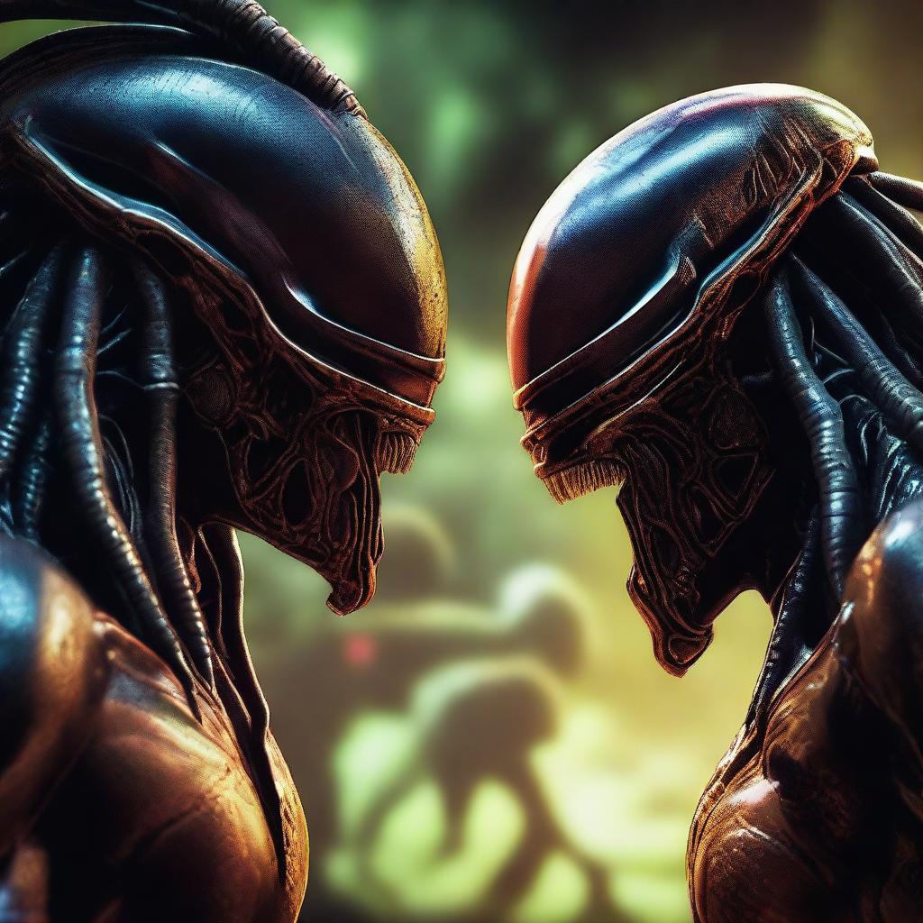 A high-resolution 4K digital art image showcasing an intense face-off between the iconic Alien and Predator characters