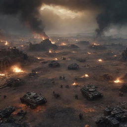 An expansive war-torn battlefield from Warhammer 40k with smoldering ruins, scattered debris, distant explosions creating an ominous glow. Include damaged war machines and fallen soldiers from various factions strewn across the landscape.