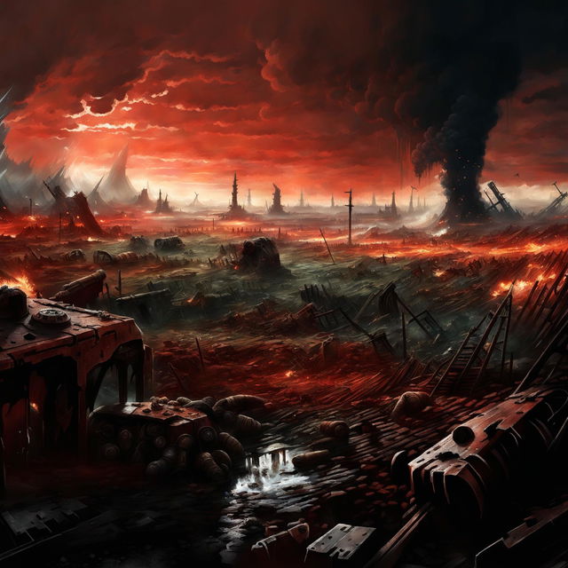 A Warhammer 40k inspired digital art of a war-torn battlefield with smoldering ruins, scattered debris, distant explosions, damaged war machines, and fallen soldiers.