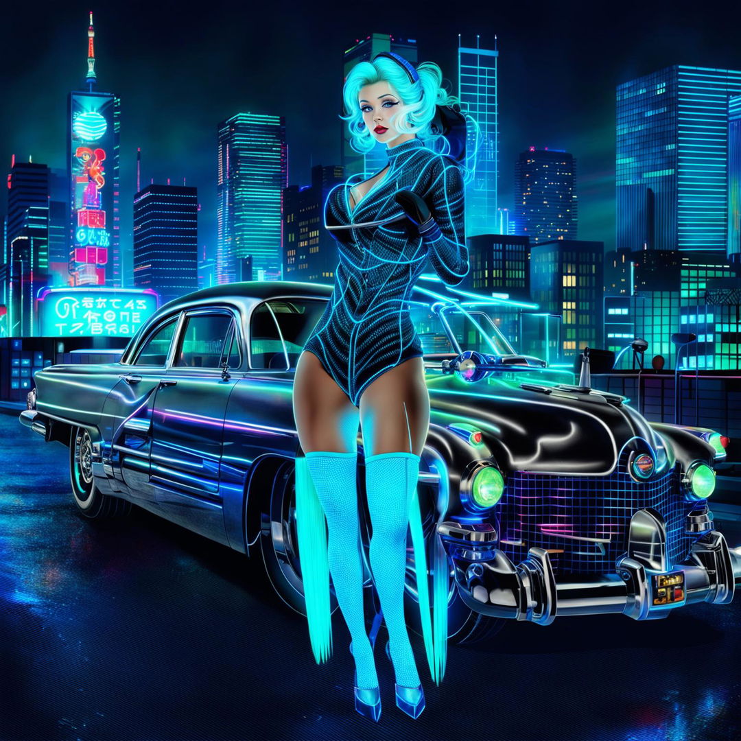 Cyberpunk twist on a retro pin-up girl poster featuring an American girl and a vintage Cadillac in futuristic Tokyo.