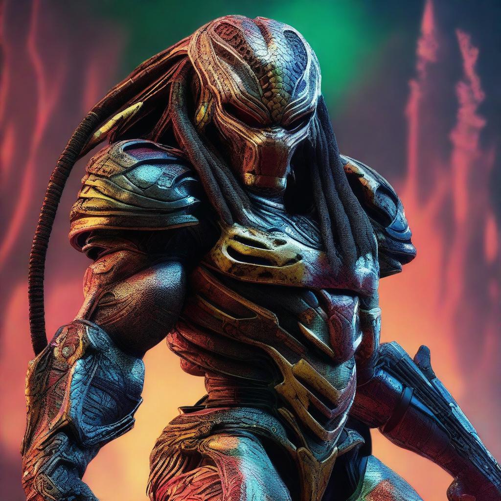 A striking 4K digital art image featuring an unmasked Yautja Predator, complete with its signature laser canon