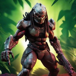 A striking 4K digital art image featuring an unmasked Yautja Predator, complete with its signature laser canon