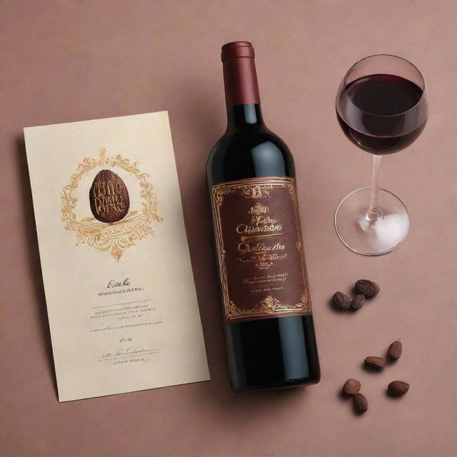 Create a brand manual for a wine named 'Cacao Divine', characterized by cocoa seeds. It should exhibit golden and black lettering, adorned with dark pastel colors.