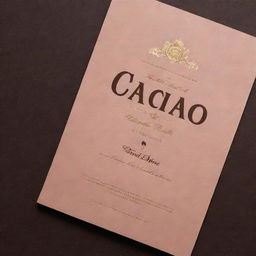 Create a brand manual for a wine named 'Cacao Divine', characterized by cocoa seeds. It should exhibit golden and black lettering, adorned with dark pastel colors.