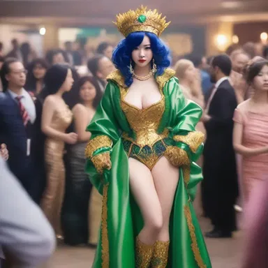 As the main character stumbled through the crowded party, she felt chagrined by her extravagant costume that attracted unwanted attention.