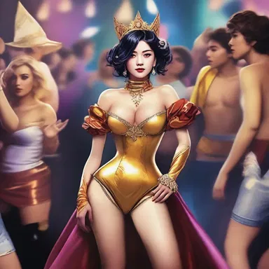 As the main character stumbled through the crowded party, she felt chagrined by her extravagant costume that attracted unwanted attention.