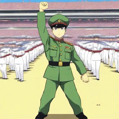 In the anime series, the character executed a perfect order arms movement during a military parade.