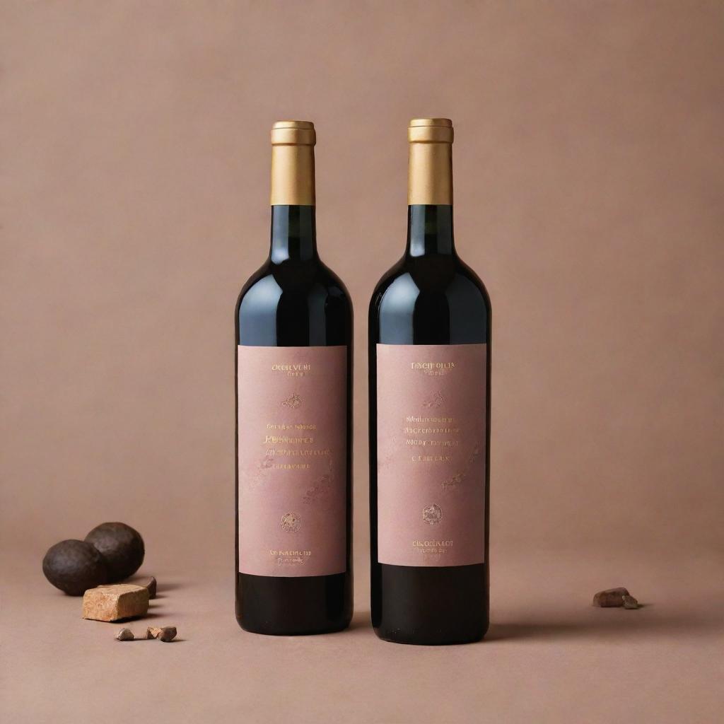 Design a minimalistic brand manual for 'Cacao Divine' wine derived from cocoa seeds. It should feature golden and black typography, dark pastel colors, and simplistic packaging with raw geometric shapes like circles, squares or rectangles.