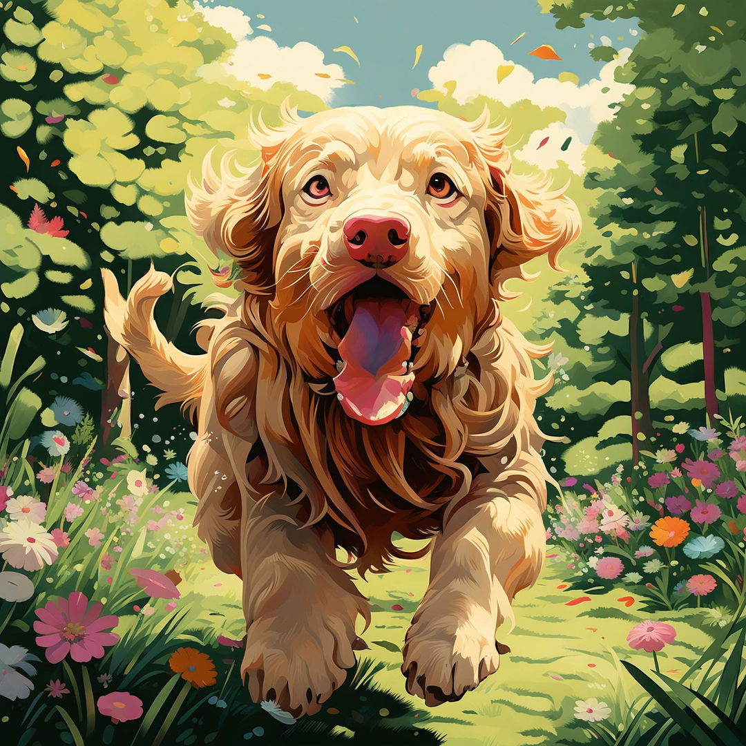 A digital art piece featuring a playful Golden Retriever in a lush green park.