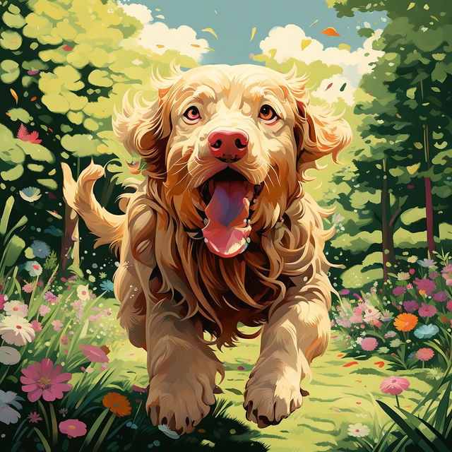 A digital art piece featuring a playful Golden Retriever in a lush green park.