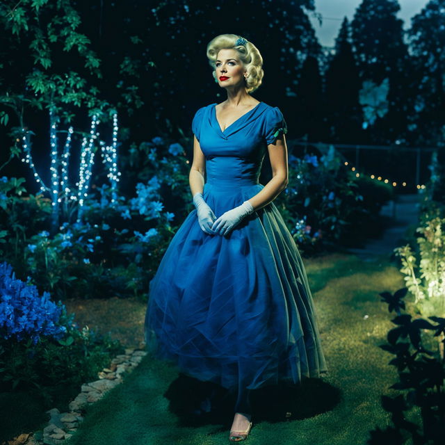 Cinematic portrait of a blonde 1950s housewife with Marge Simpson-style hair at a garden gala, aged photograph.