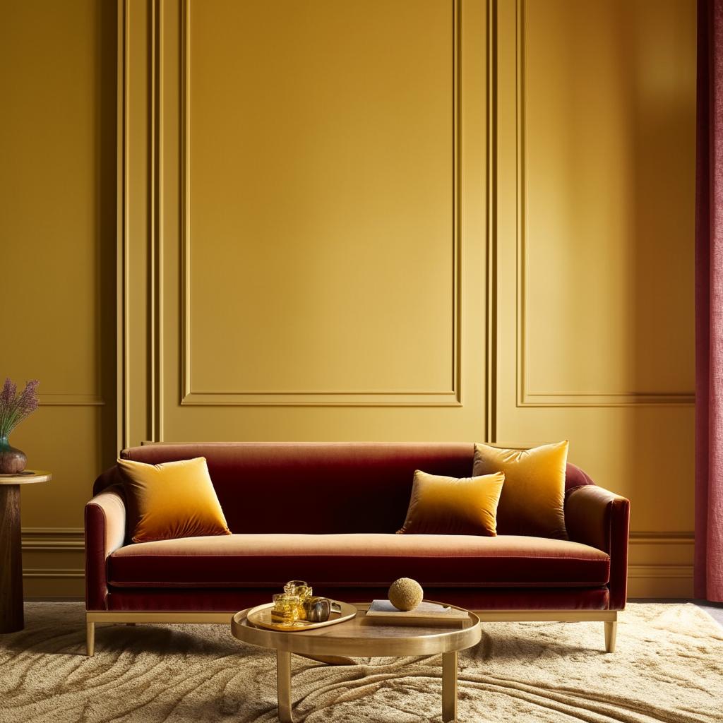 A vivid room with mustard yellow walls highlighted by a rich burgundy velvet sofa, adorned with vintage-inspired brass accents.