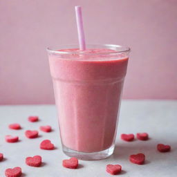 A vibrant pink smoothie with tiny edible hearts, served in a clear plastic cup.