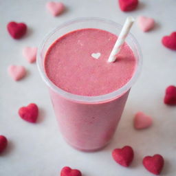 A vibrant pink smoothie with tiny edible hearts, served in a clear plastic cup.